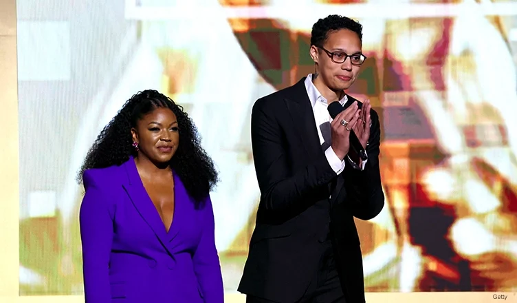 PASADENA, CALIFORNIA - FEBRUARY 25: (L-R) Cherelle Griner and Brittney Griner speak onstage during the 54th NAACP Image Awards at Pasadena Civic Auditorium on February 25, 2023 in Pasadena, California. (Photo by Leon Bennett/Getty Images for BET).