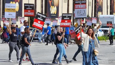 Writers Guild of America members walked the picket line outside Warner Bros. Studios in Burbank, CA on the first day of the 2023 WGA strike on Tuesday, May 2, 2023. (Credit: Urban Hollywood 411)