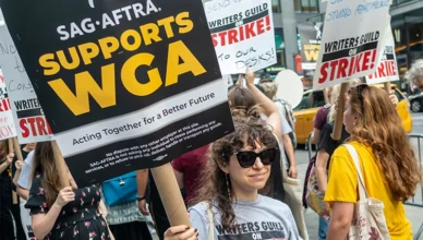 New York NY USA-June 12, 2023 Members of the Writers Guild of America East and other union supporters picket outside the HBO-Amazon offices in the Hudson Yards neighborhood in New York. (Credit: Shutterstock)