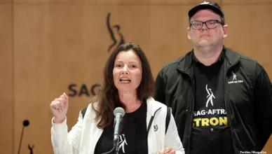 SAG-AFTRA leaders held a news conference in Los Angeles and announced a strike on Thursday, July 13, 2023. (Credit: Twitter/@sagaftra)