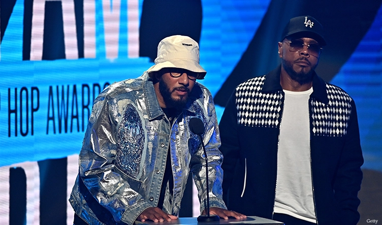 Swizz Beatz and Timbaland speak onstage during the BET Hip-Hop Awards 2023 on October 03, 2023 in Atlanta, Georgia. (Photo by Paras Griffin/Getty Images)