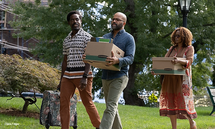 Sterling K. Brown stars as Cliff Ellison, Jeffrey Wright as Thelonious "Monk" Ellison and Erika Alexander as Coraline in writer/director Cord Jefferson’s American Fiction. (Credit: Claire Folger/Orion Releasing)