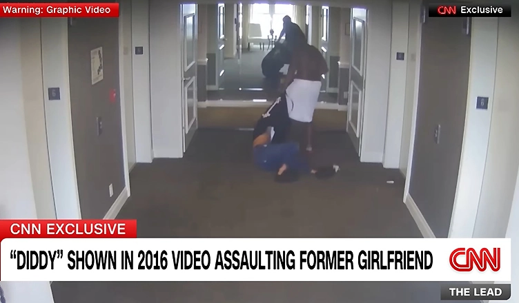 The graphic hotel surveillance video shows Sean "Diddy" Combs dragging Cassie Ventura down the hallway of a hotel. (Credit: CNN)