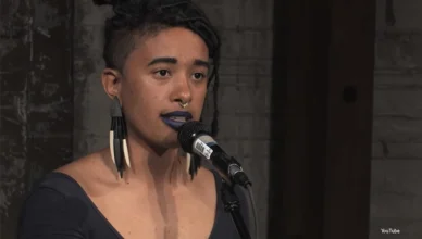 Author and "Snowfall" writer Aziza Barnes performing "I Could Ask, but I Think They Use Tweezers" at AWP 2016 in Los Angeles, CA. (Credit: YouTube/ Button Poetry)