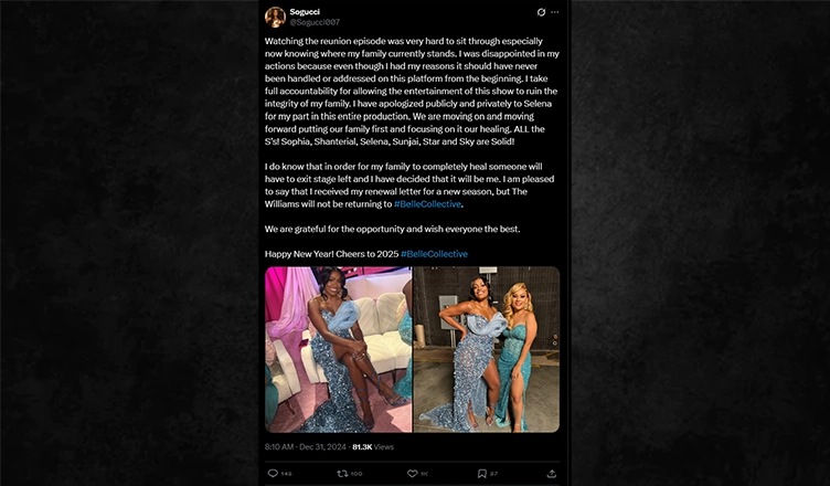 Sogucci Twitter Post announcing her exit from "Belle Collective" on Dec. 24, 2024. (Credit: Twitter)