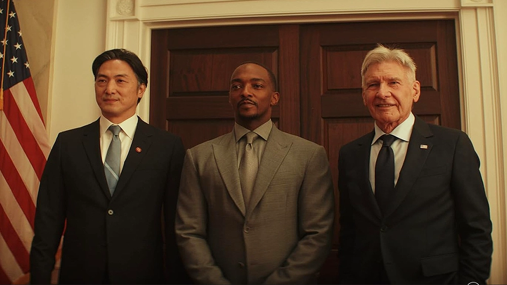 Takehiro Hira, Anthony Mackie, Harrison Ford in Captain America: Brave New World. (Credit: Marvel Studios)