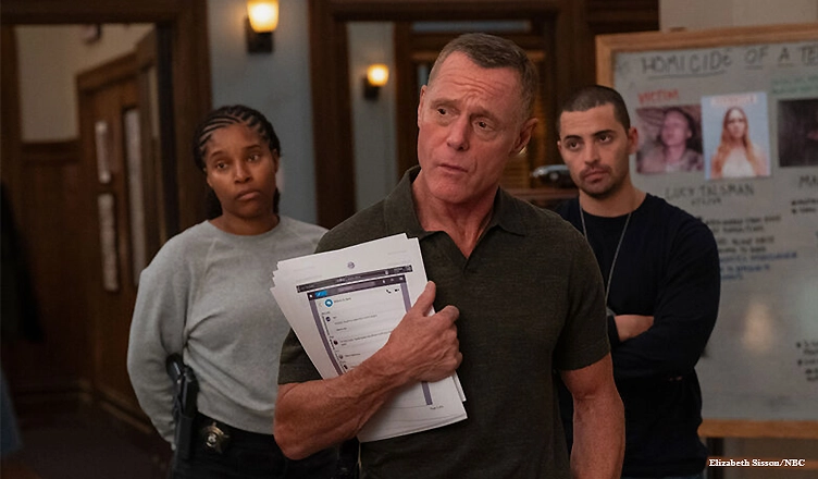 (L-R) Kiana Cook (Toya Turner), Sgt. Hank Voight (Jason Beghe), Dante Torres (Benjamin Levy Aguilar) appear in Chicago P.D. Season 12 Episode 5. (Credit: Elizabeth Sisson/NBC)