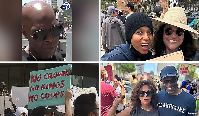 (Clockwise L-R) Celebrities including Big Boy, Kerry Washington, Julia Louis-Dreyfus, Sean Patrick Thomas and Aonika Laurent take part in "No Kings" protests. (Credit: Instagram)