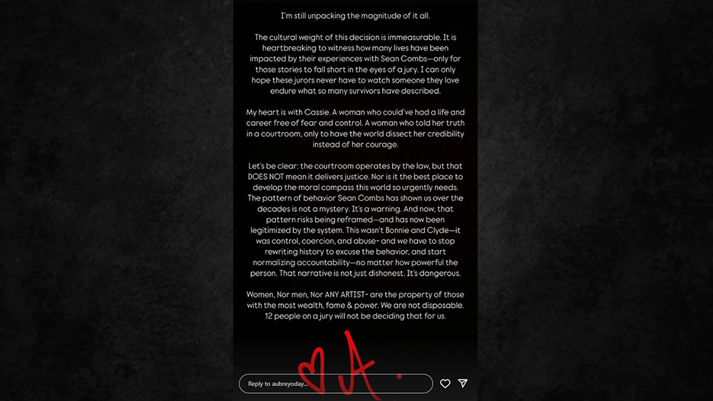 Aubry O'Day Statement about Diddy Verdict. (Credit: Instagram/Aubrey O'Day)