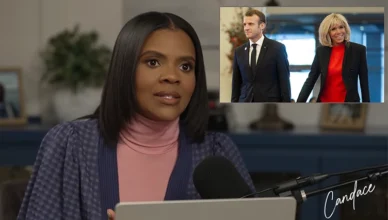 Candace Owens is shown with an inset of President Emmanuel Macron and his wife. (Credit: YouTube and Deposit Photos)