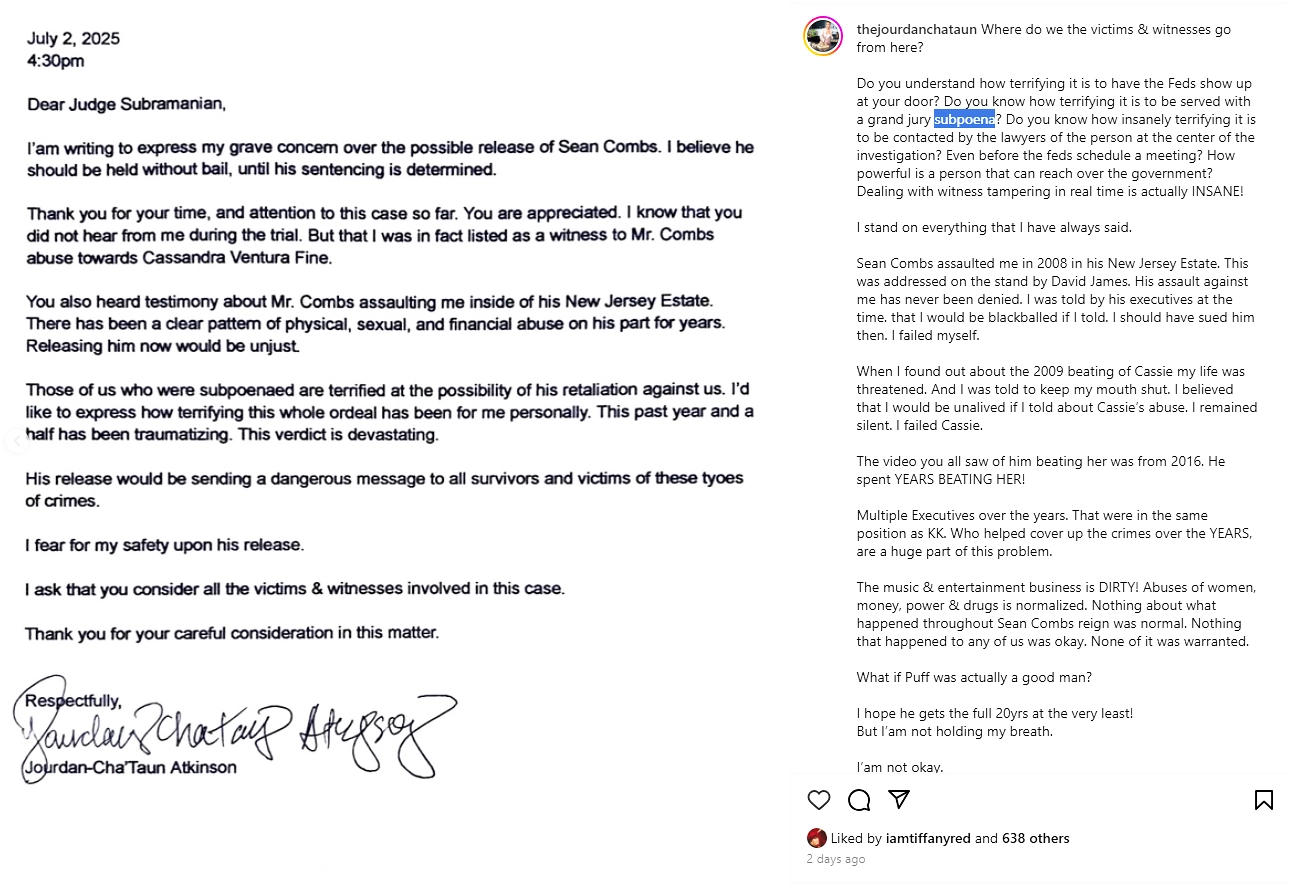 Chef Jourdan Cha'Taun Atkinson, who previously worked for Diddy, wrote a letter to the judge in the mogul's case on Wednesday, July 2, 2025. (Credit: Instagram)