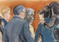 Sean ' Diddy' Combs defense team surrounds him as they discuss the jury note regarding a verdict on counts two, three, four and five, in Manhattan federal court, Tuesday, July 1, 2025, in New York. (Elizabeth Williams/AP)