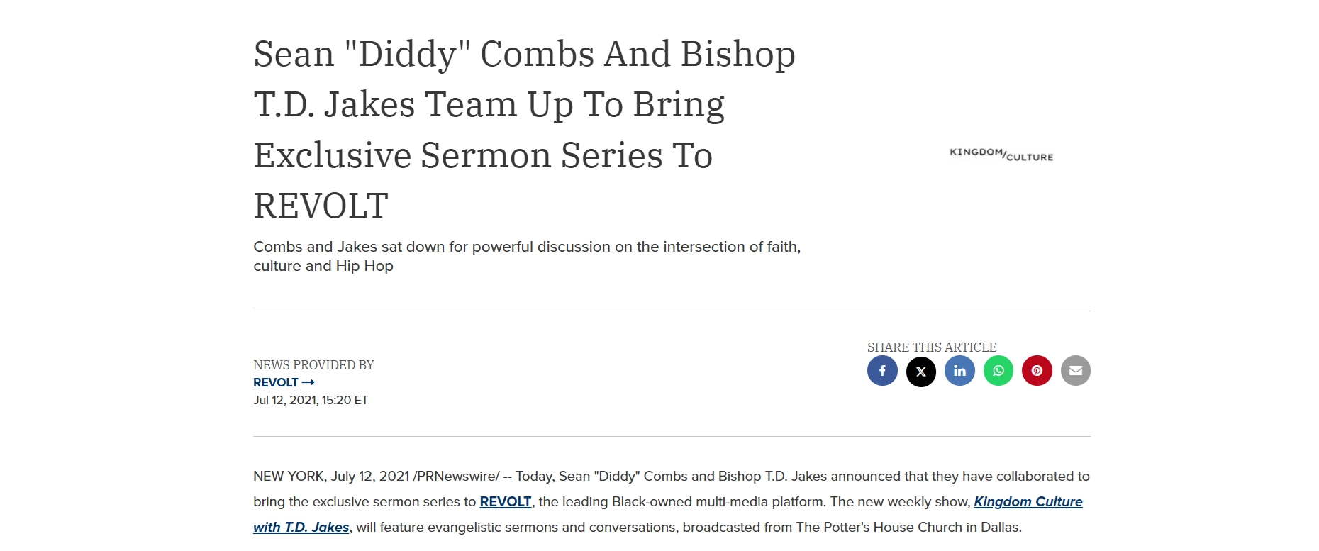 Diddy Jakes Revolt News Release (Credit: PR Newswire)