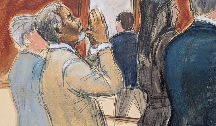 In this courtroom sketch, Sean "Diddy" Combs reacts after he was convicted of prostitution-related offenses but acquitted of sex trafficking and racketeering charges that could have put him behind bars for life, Wednesday, July 2, 2025, in Manhattan federal court in New York. (Elizabeth Williams/AP)