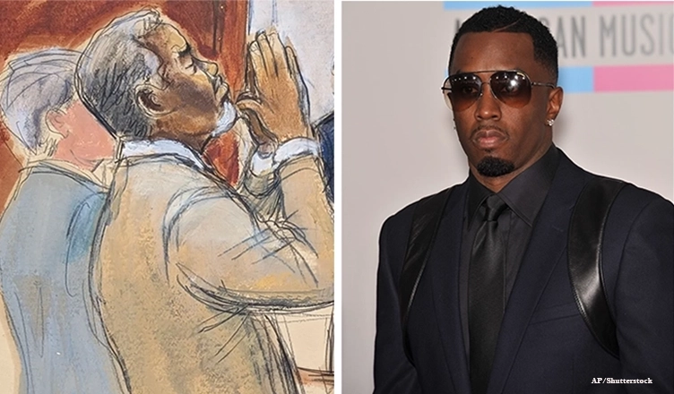 A sketch from court on Wednesday, July 2, shows Sean "Diddy" Combs praying after he learned the verdict in his trafficking case, while a file photo shows him at the American Music Awards. (Credit: Elizabeth Williams/AP and Shutterstock)