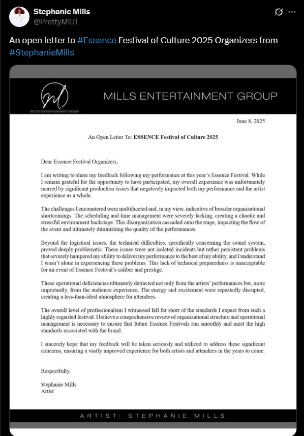 Stephanie Mills wrote an open letter to The Essence Festival of Culture on July 8, 2025. (Credit: X.com)
