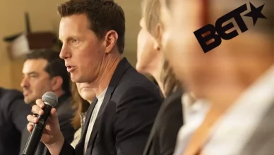 (Center) Paramount Skydance CEO David Ellison and the BET logo (Credit: Paramount Skydance/BET)