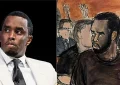 Sean "Diddy" Combs and a sketch of Combs in court. (Credit: Shutterstock and AP/Elizabeth Williams)