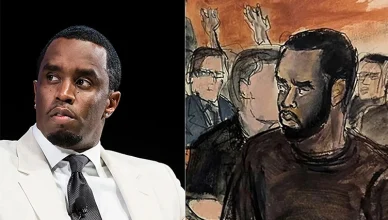 Sean "Diddy" Combs and a sketch of Combs in court. (Credit: Shutterstock and AP/Elizabeth Williams)