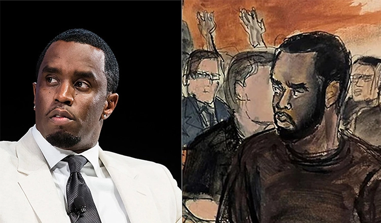 Sean "Diddy" Combs and a sketch of Combs in court. (Credit: Shutterstock and AP/Elizabeth Williams)