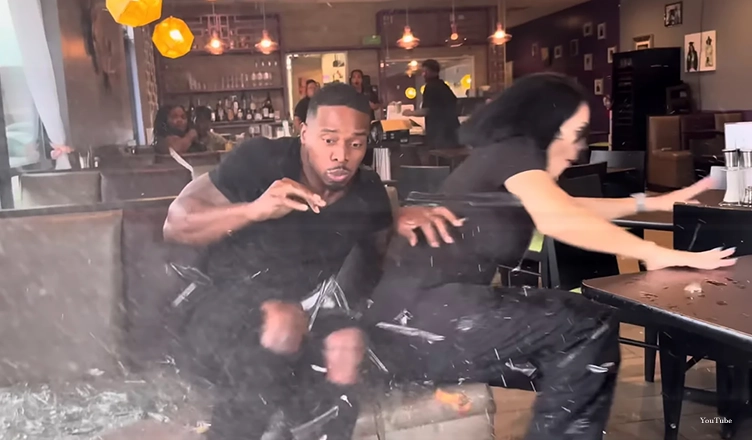 Patrick Blackwood and Nina Santiago were filming at CuVee's Culinary Creations in Houston when a car slammed into the restaurant. (Credit: Unrated EX Files via YouTube)