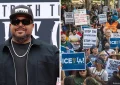 Rapper Ice Cube and Community organizers protest outside the Federal Building following an immigration enforcement operation by federal authorities on Friday, June 6, 2025, in Los Angeles. (Credit: Shutterstock)