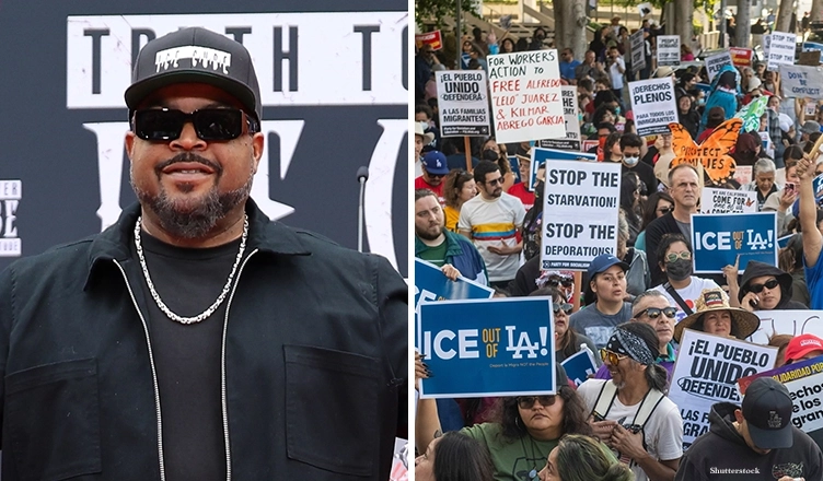 Rapper Ice Cube and Community organizers protest outside the Federal Building following an immigration enforcement operation by federal authorities on Friday, June 6, 2025, in Los Angeles. (Credit: Shutterstock)