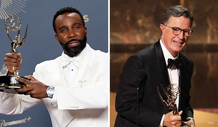 2025 Emmy Awards Winners Tramell Tillman and Stephen Colbert (Credit: Getty Images for CBS)