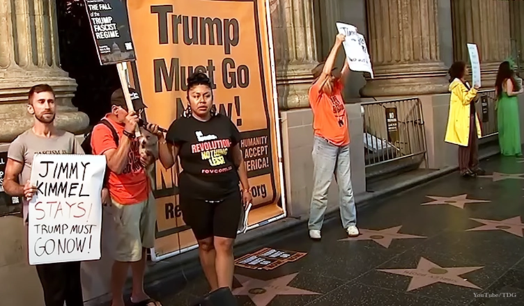 Protesters rallied to support Jimmy Kimmel outside his studio in Los Angeles on the Hollywood Walk of Fame, on Wednesday, September 17, 2025. (Credit: YouTube/The Daily Guardian)