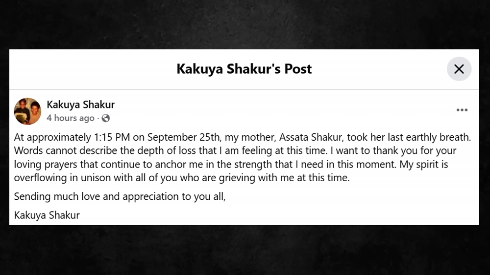 Kakuya Shakur Facebook Post about Assata Shakur death . (Credit: Facebook)