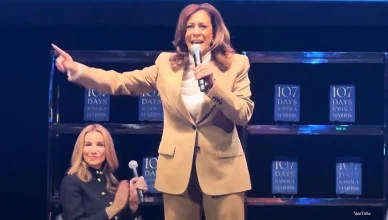 Former Vice President Kamala Harris appeared before a sold-out audience while promoting "107 Days" at the Wiltern Theater in Los Angles on Sept. 29, 2025 (Credit: YouTube/ Morgan King)