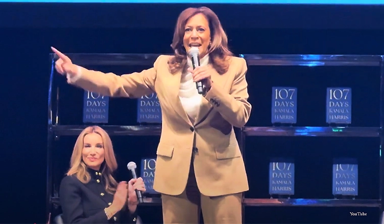 Former Vice President Kamala Harris appeared before a sold-out audience while promoting "107 Days" at the Wiltern Theater in Los Angles on Sept. 29, 2025 (Credit: YouTube/ Morgan King)