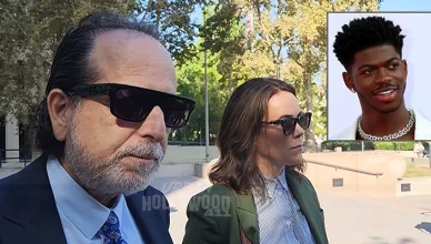 An inset of rapper Lil Nas X and Attorneys Drew Findling and Christy O'Connor outside the courthouse in Van Nuys, California on Monday, Sept. 15, 2025 (Credit: Image Press Agency and Urban Hollywood 411)