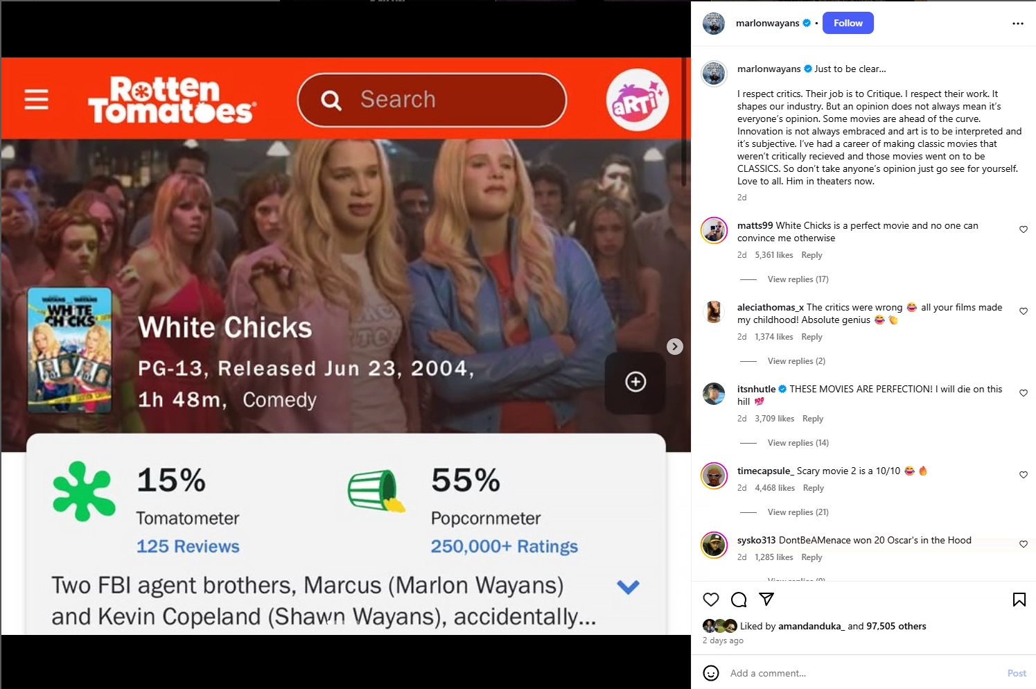 Marlon Wayans Instagram Post About Movie Reviews (Credit: Instagram/Marlon Wayans)