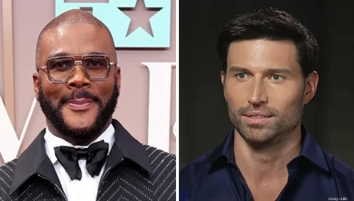 Tyler Perry attends the BET Awards at Peacock Theater on June 09, 2025 in Los Angeles, California. (Bennett Raglin/Getty Images for BET) and Derek Dixon appeared in a television interview on Sept. 9, 2025. (Credit: ABC News/YouTube)
