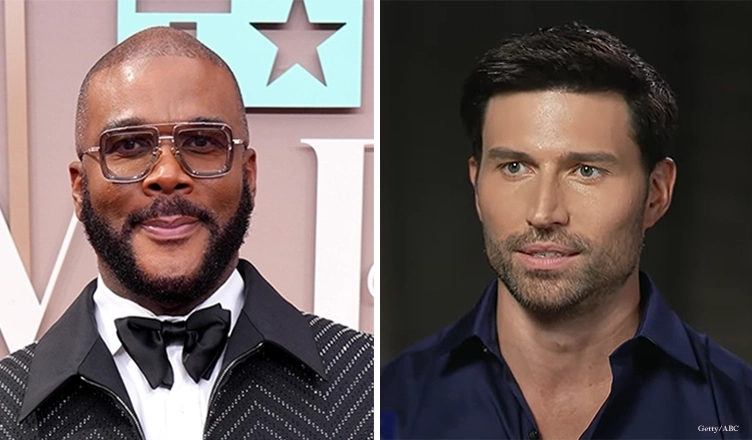 Tyler Perry attends the BET Awards at Peacock Theater on June 09, 2025 in Los Angeles, California. (Bennett Raglin/Getty Images for BET) and Derek Dixon appeared in a television interview on Sept. 9, 2025. (Credit: ABC News/YouTube)
