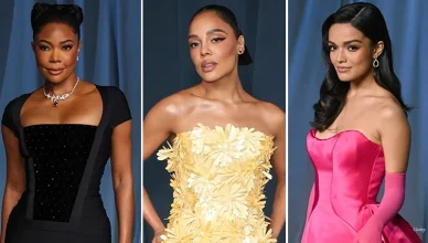 (L-R) Gabrielle Union, Tessa Thompson and Rachel Zegler arrive at the 2025 Academy Museum Gala. (Credit: Emma McIntyre/Oscars/Getty)
