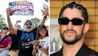 Charlie Kirk supporters in Beverly Hills and rapper Bad Bunny (Credit: Shutterstock)