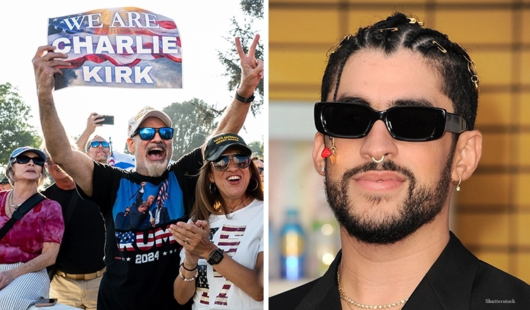 Charlie Kirk supporters in Beverly Hills and rapper Bad Bunny (Credit: Shutterstock)
