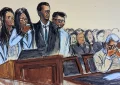 In this courtroom sketch, D'Lila Combs makes a statement surrounded by family as Sean Diddy Combs, right, reacts during his sentencing hearing in Manhattan federal court, Friday, Oct. 3, 2025, in New York. (Elizabeth Williams/AP)
