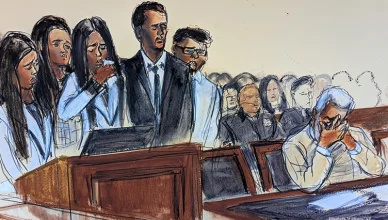 In this courtroom sketch, D'Lila Combs makes a statement surrounded by family as Sean Diddy Combs, right, reacts during his sentencing hearing in Manhattan federal court, Friday, Oct. 3, 2025, in New York. (Elizabeth Williams/AP)
