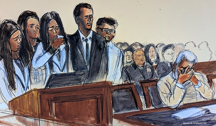 In this courtroom sketch, D'Lila Combs makes a statement surrounded by family as Sean Diddy Combs, right, reacts during his sentencing hearing in Manhattan federal court, Friday, Oct. 3, 2025, in New York. (Elizabeth Williams/AP)