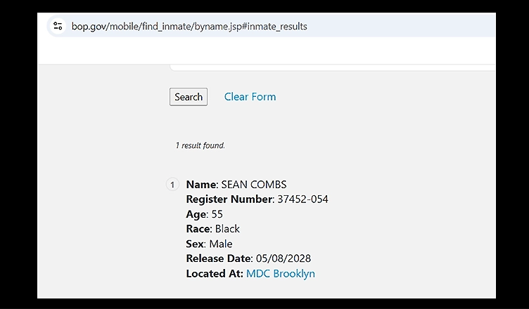 Diddy Prison Release Page (Credit: Bureau of Prisons)