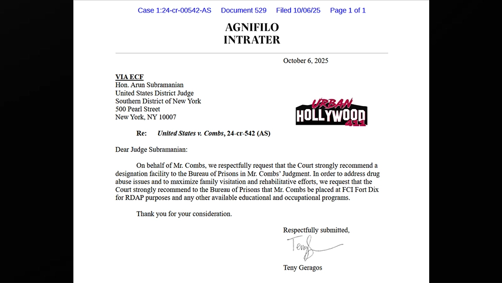 Diddy Prison Request Letter filed on October 6, 2025.
