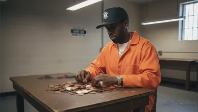 This AI-generated image shows Sean "Diddy" Combs counting pennies inside a jail. (Credit: YouTube, Deposit Photos and Google Gemini)