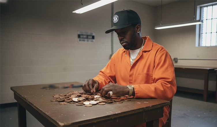 This AI-generated image shows Sean "Diddy" Combs counting pennies inside a jail. (Credit: YouTube, Deposit Photos and Google Gemini)