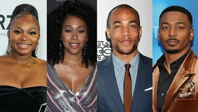 (L-R) Naturi Naughton, Simone Missick, Kendrick Sampson, and RonReaco Lee cast in Lifetime Movie Event Eric Jerome Dickey's Friends and Lovers (Credit: Shutterstock and Prime Video)
