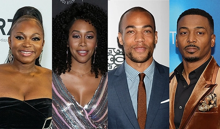 (L-R) Naturi Naughton, Simone Missick, Kendrick Sampson, and RonReaco Lee cast in Lifetime Movie Event Eric Jerome Dickey's Friends and Lovers (Credit: Shutterstock and Prime Video)
