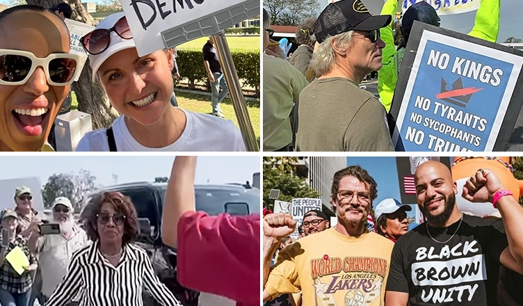 (Clockwise L-R) Kerry Washington, Jon Bon Jovi, Pedro Pascal and Rep. Maxine Waters join 'No Kings' protests (Screen grabs from Instagram, Facebook and YouTube)