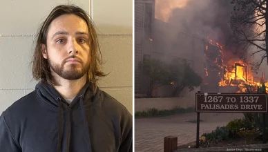 A structure burns in the Palisades Fire in Los Angeles and arson suspect Jonathan Rinderknecht (Credit: Department of Justice and Shutterstock)
